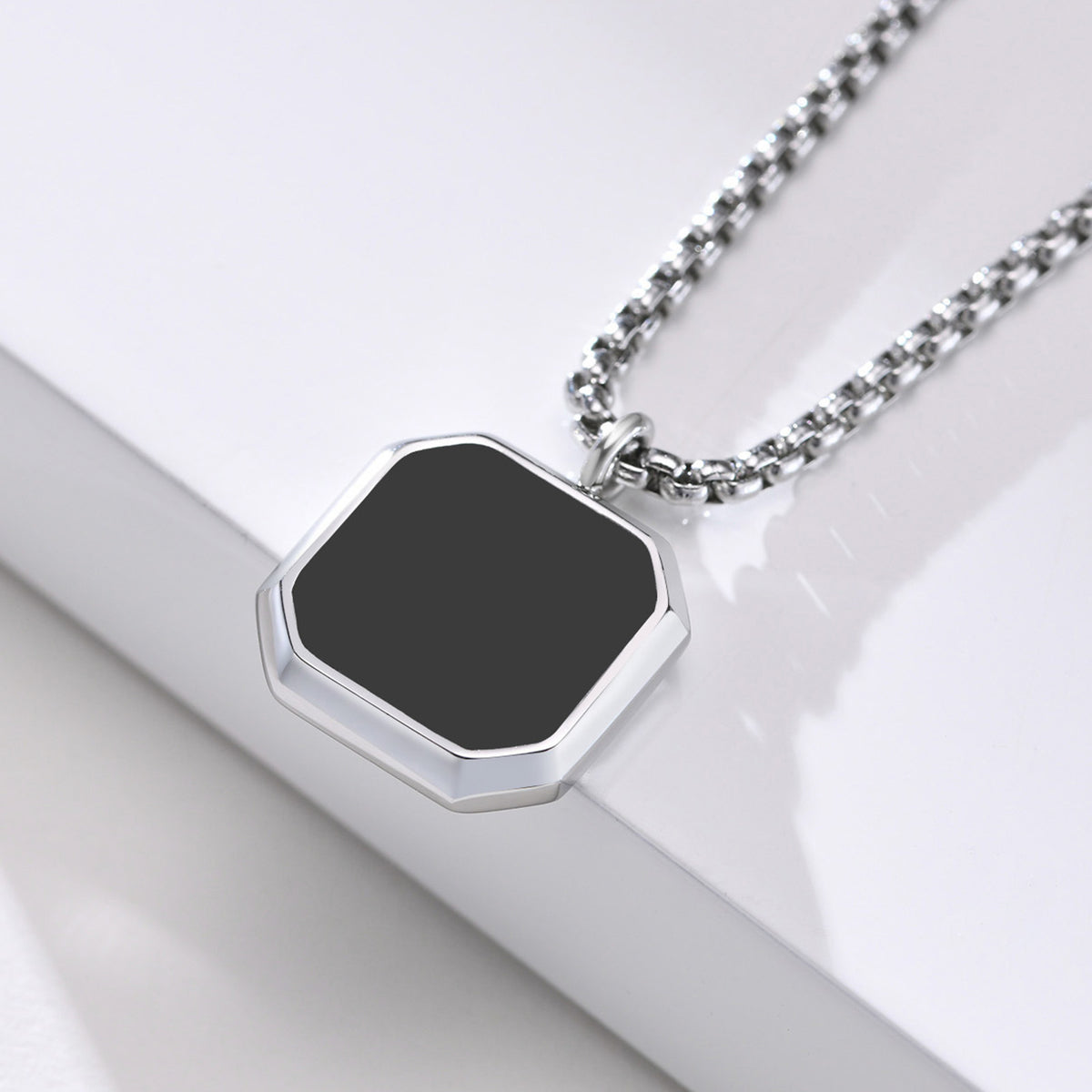 Titanium Steel Geometric Black Pendant Necklace, silver-tone with black center