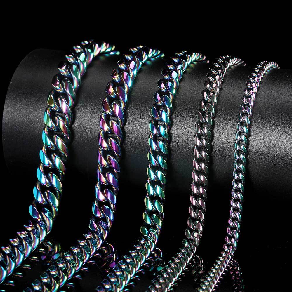 Cuban Link Stainless Steel Chain Necklace in silver, gold, and iridescent finishes view 4