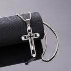 Hollow Geometric Cross Pendant Necklace, silver-tone on dark background view 3
