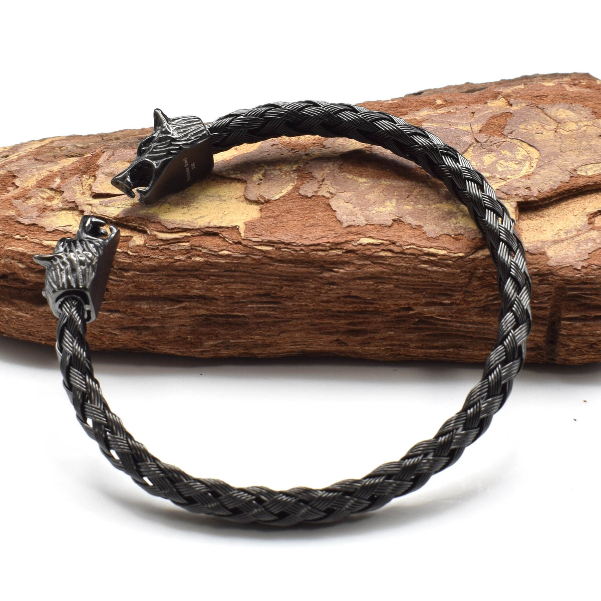 11mm Braided Wolf Head Stainless Steel Bracelet in silver finish view 2
