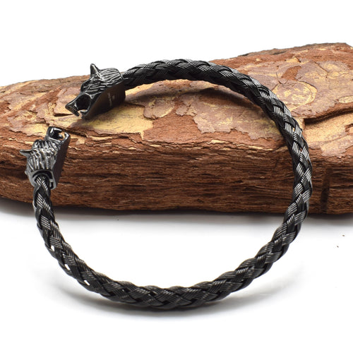 11mm Braided Wolf Head Stainless Steel Bracelet in silver finish view 2