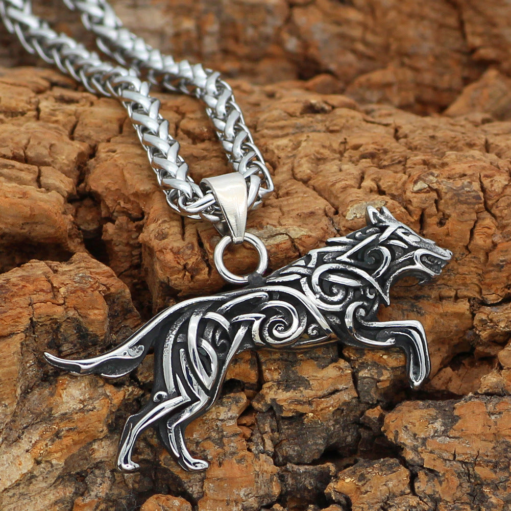Titanium Steel Wolf Knotwork Pendant Necklace with wheat chain view 4
