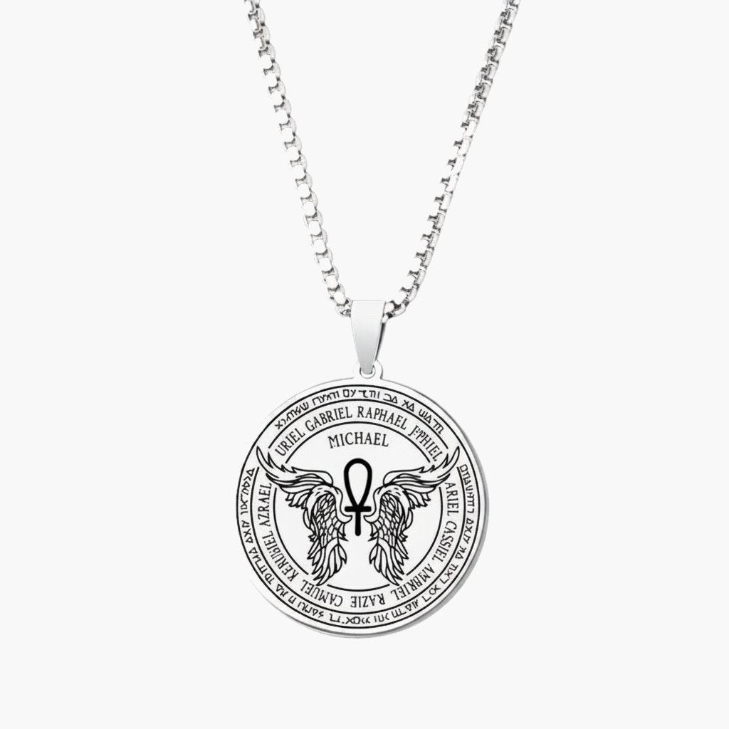 Archangel Michael Ankh Pendant Necklace silver box chain view 2