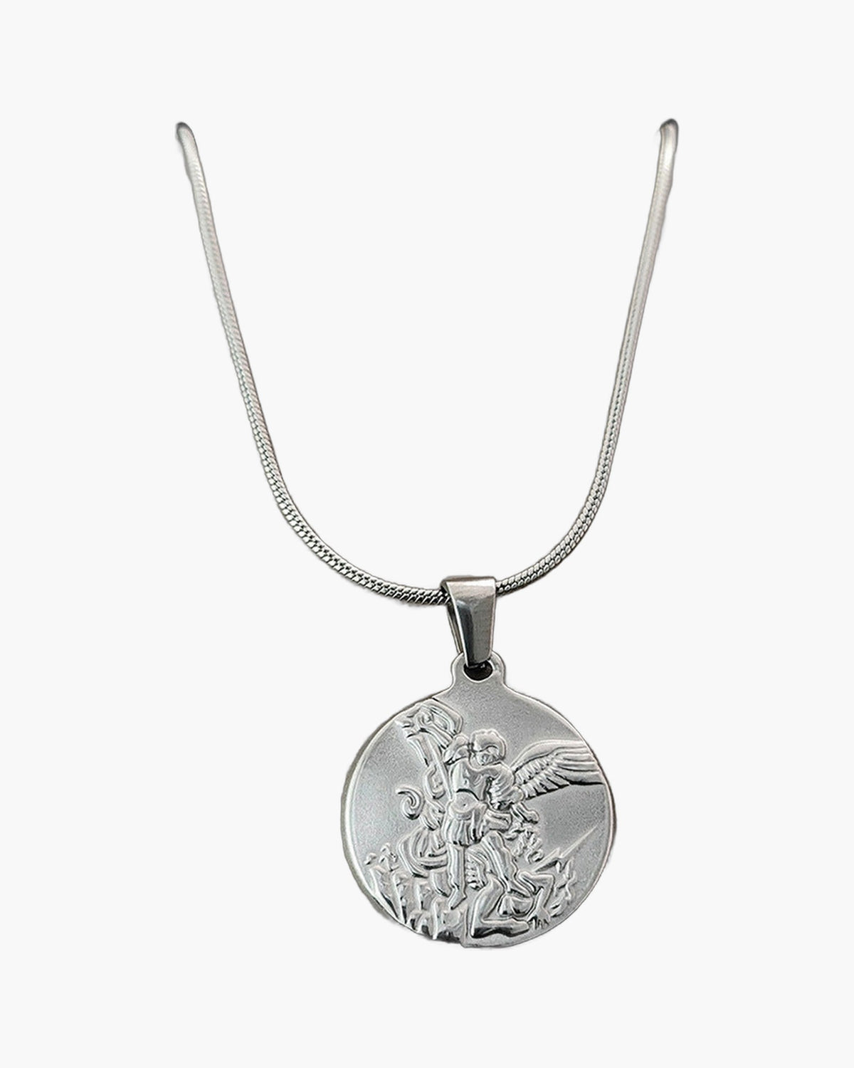 Archangel Michael Snake Chain Necklace silver finish view 2