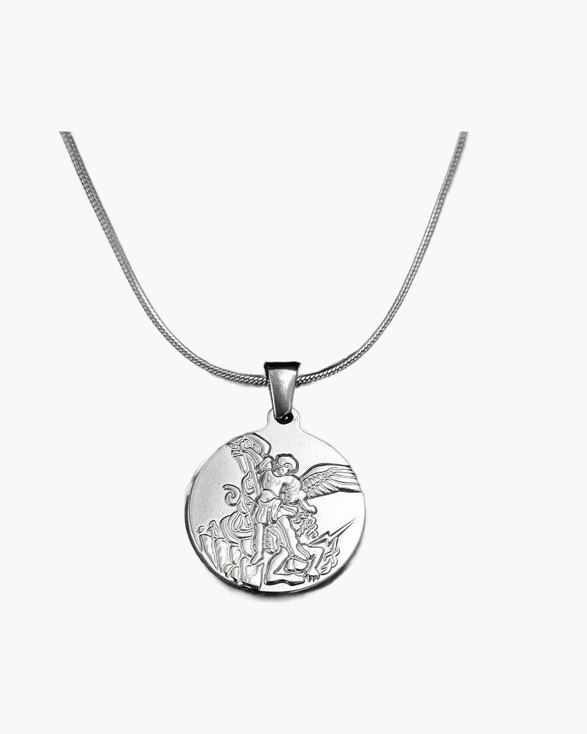 Archangel Michael Snake Chain Necklace silver finish view 3