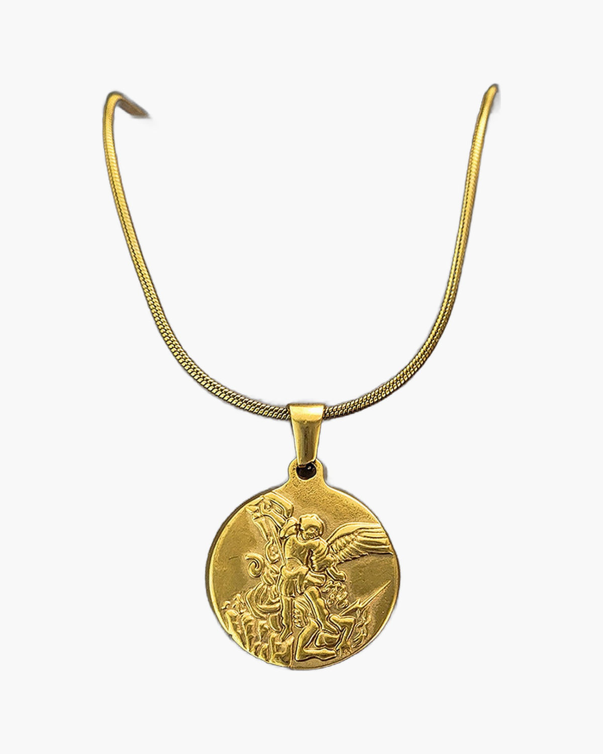 Archangel Michael Snake Chain Necklace silver finish view 4