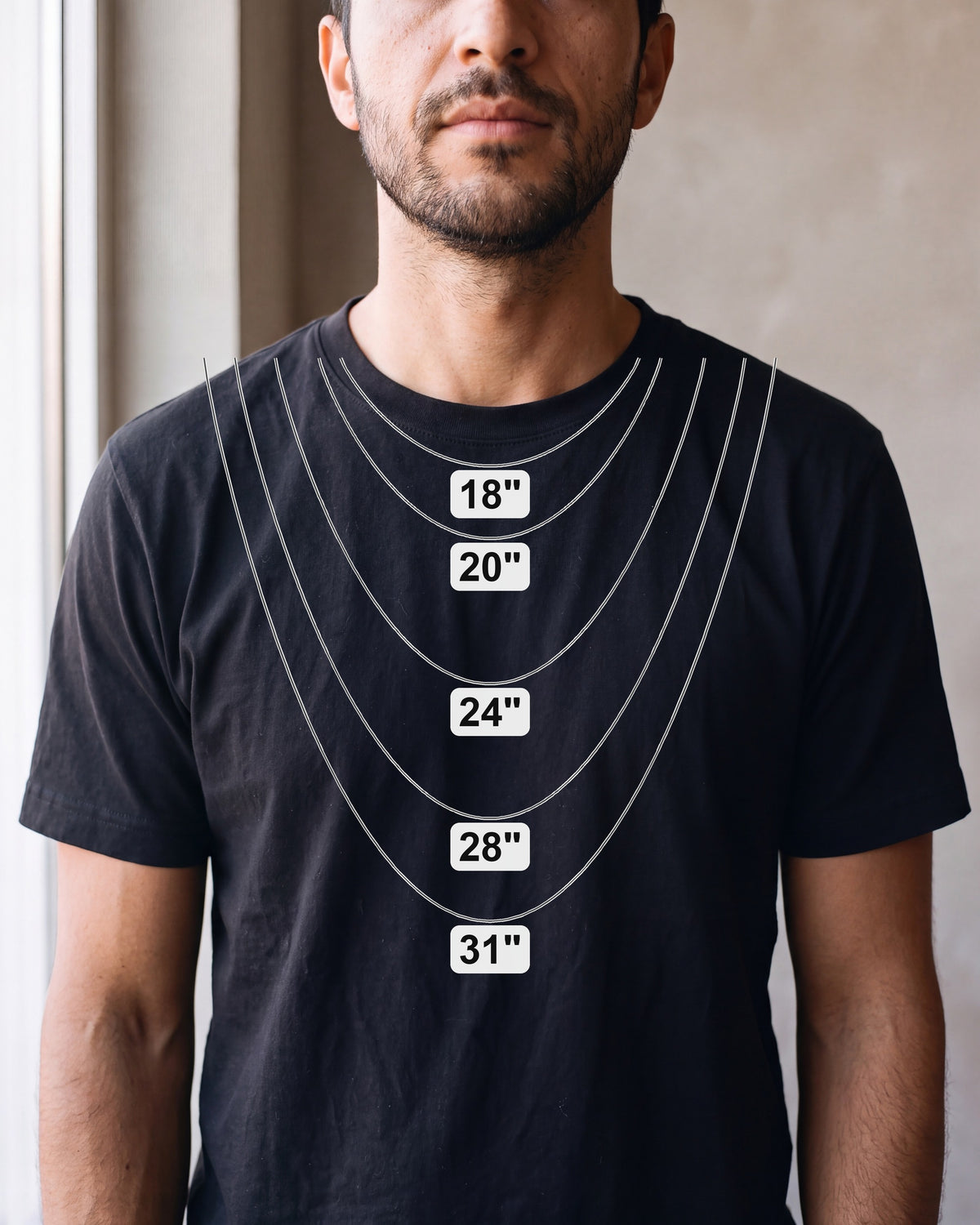 Chain length guide: where 18, 20, 24, 28, 31 inch chains sit on a man [u:in]