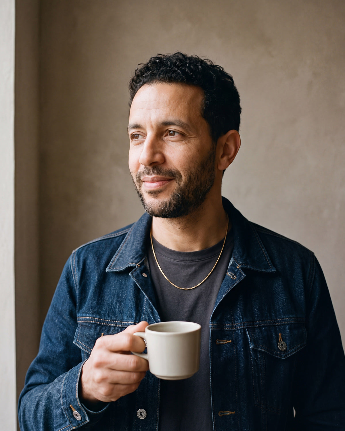 Man in a dark indigo denim jacket open over a charcoal crew-neck t-shirt wearing the gold-tone Atlas 1.5mm Box Chain
