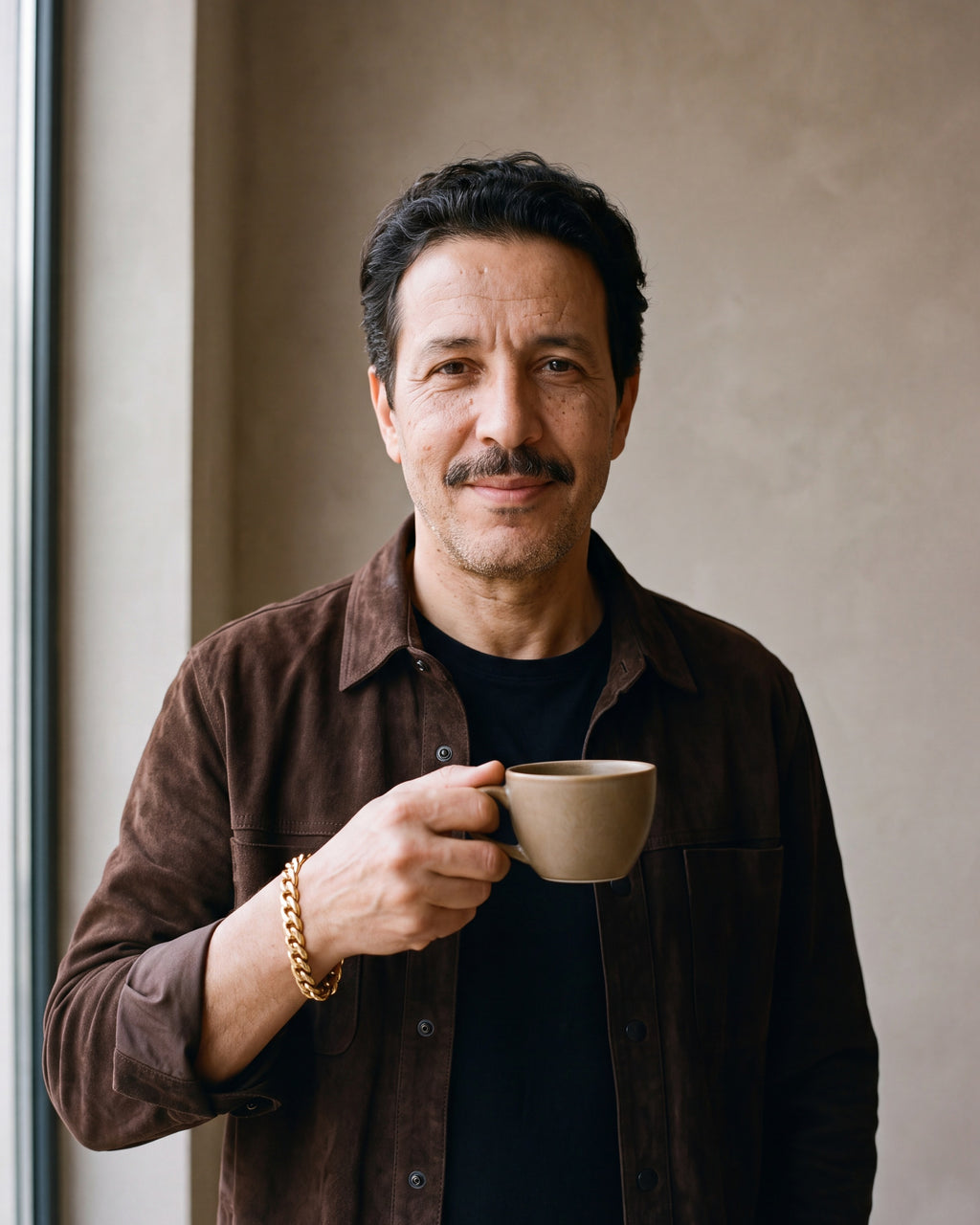 Man in a brown suede overshirt holding a coffee cup, wearing the gold-tone Atlas Cuban bracelet