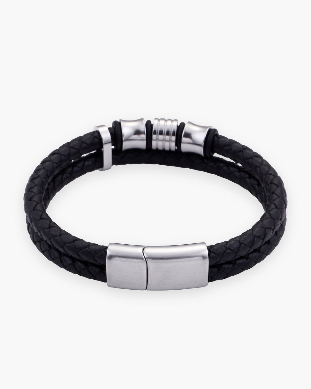 Atlas 14mm Braided Leather Bracelet with Magnetic Clasp in silver-tone [c:silver]