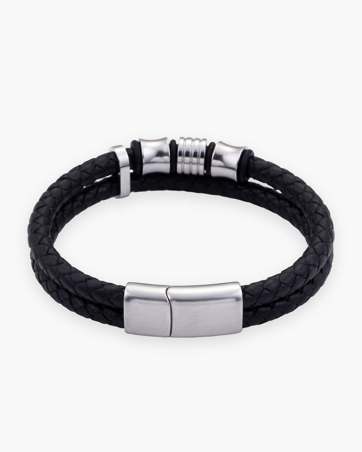 Atlas 14mm Braided Leather Bracelet with Magnetic Clasp in silver-tone [c:silver]