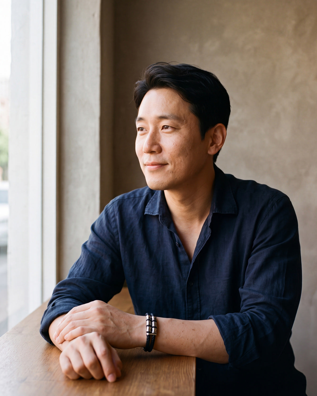 Man in a dark navy linen shirt by a window wearing the silver-tone Atlas 14mm Braided Leather Bracelet with Magnetic Clasp