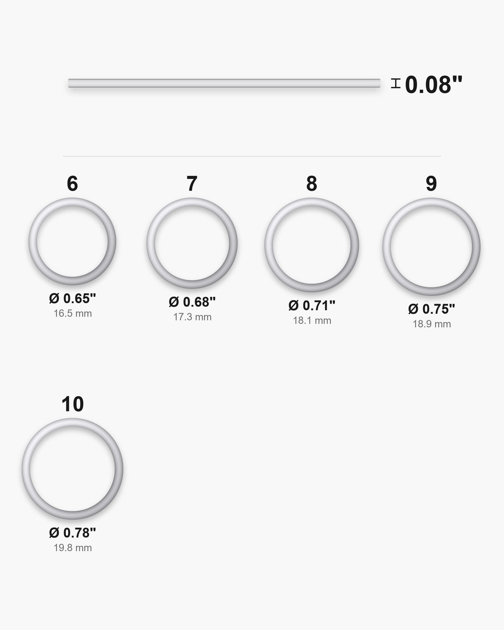 Atlas ring sizes 6 to 10 with inner diameters from 0.65 to 0.78 inch and the 0.08 inch band width [u:in]