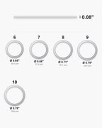 Atlas ring sizes 6 to 10 with inner diameters from 0.65 to 0.78 inch and the 0.08 inch band width [u:in]
