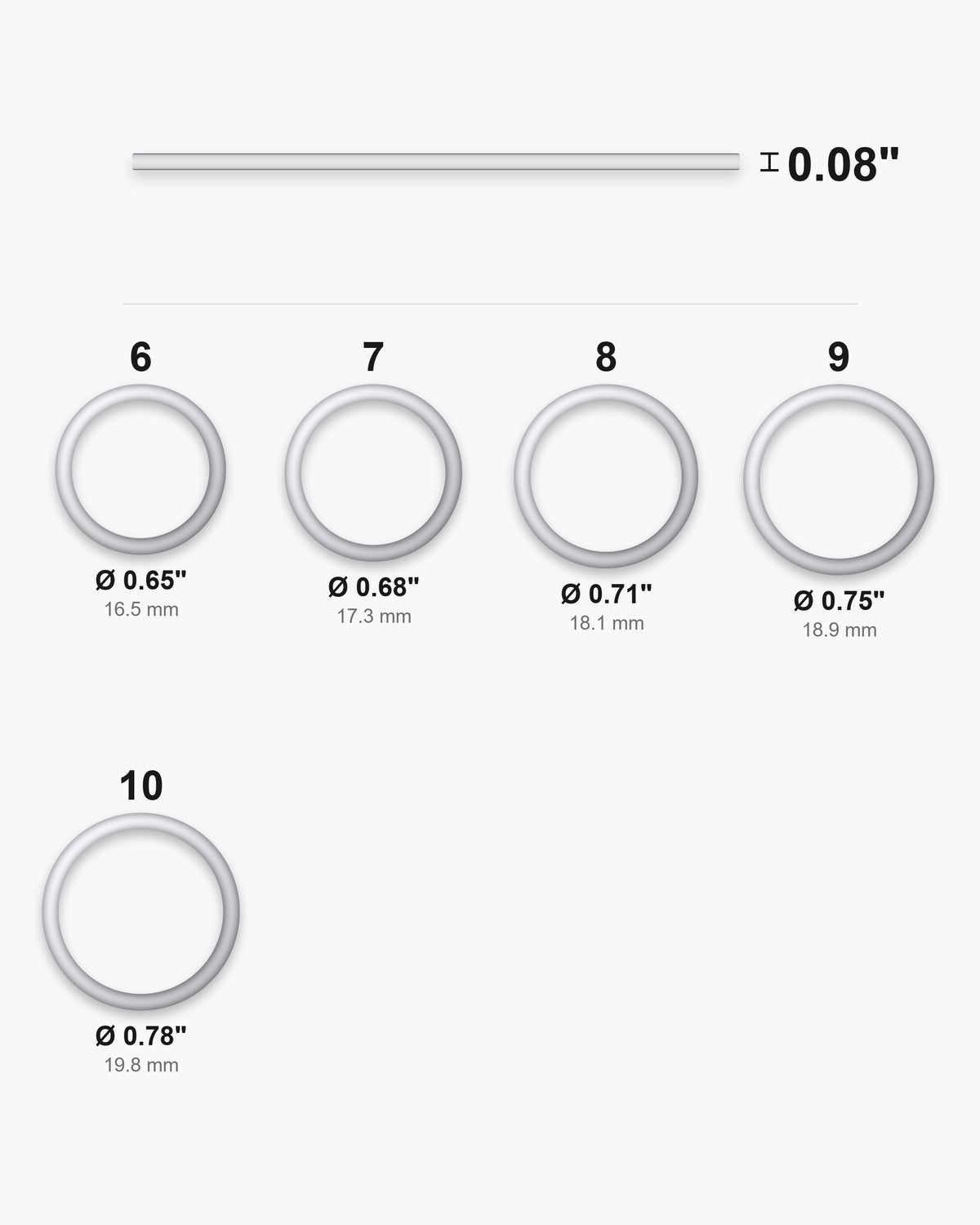 Atlas ring sizes 6 to 10 with inner diameters from 0.65 to 0.78 inch and the 0.08 inch band width [u:in]