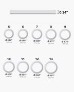 Atlas ring sizes 5 to 13 with inner diameters from 0.62 to 0.87 inch and the 0.24 inch band width [u:in]