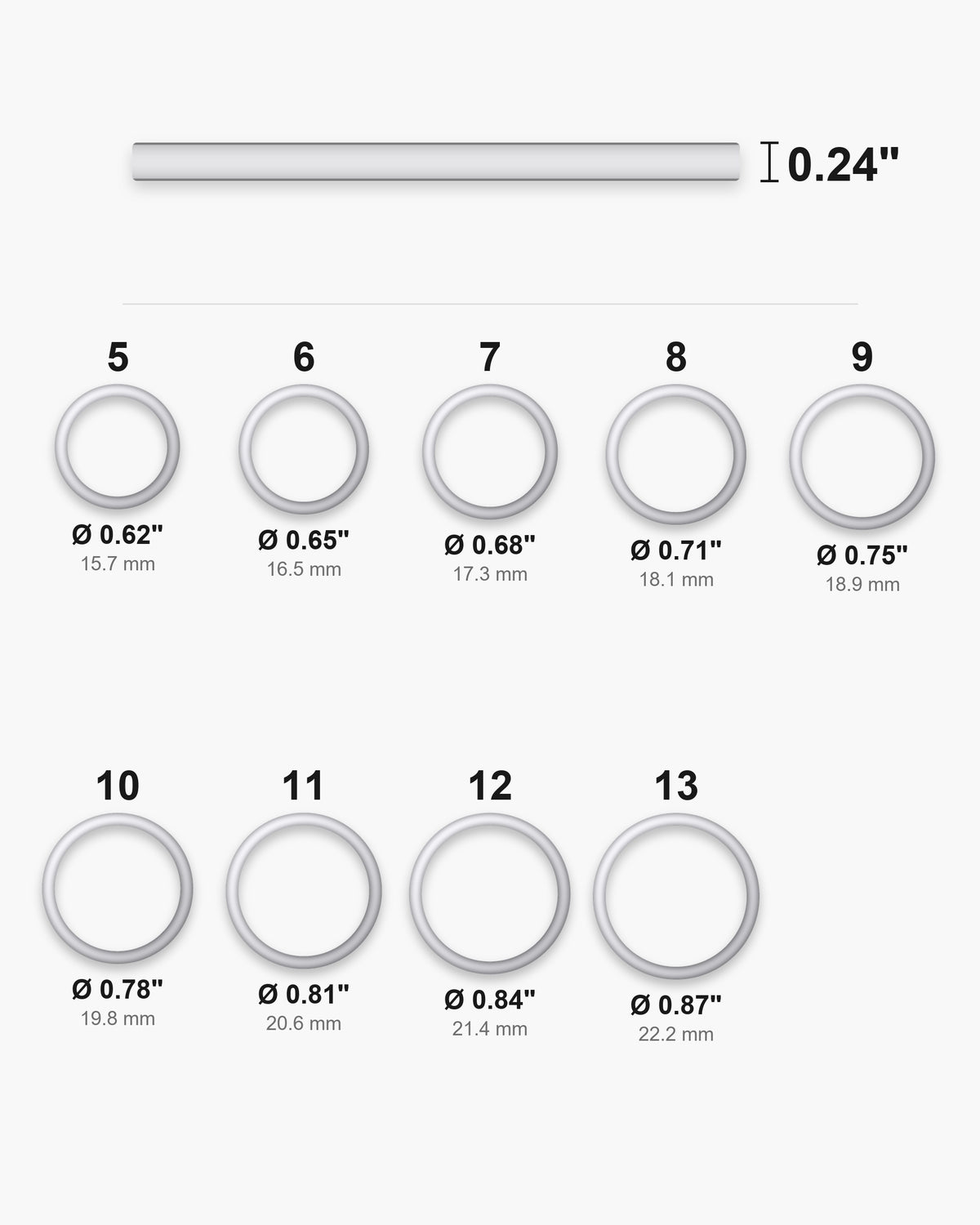 Atlas ring sizes 5 to 13 with inner diameters from 0.62 to 0.87 inch and the 0.24 inch band width [u:in]