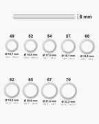 Atlas ring sizes EU 49 to 70 (US 5 to 13) with inner diameters from 15.7 to 22.2 mm and the 6 mm band width [u:mm]