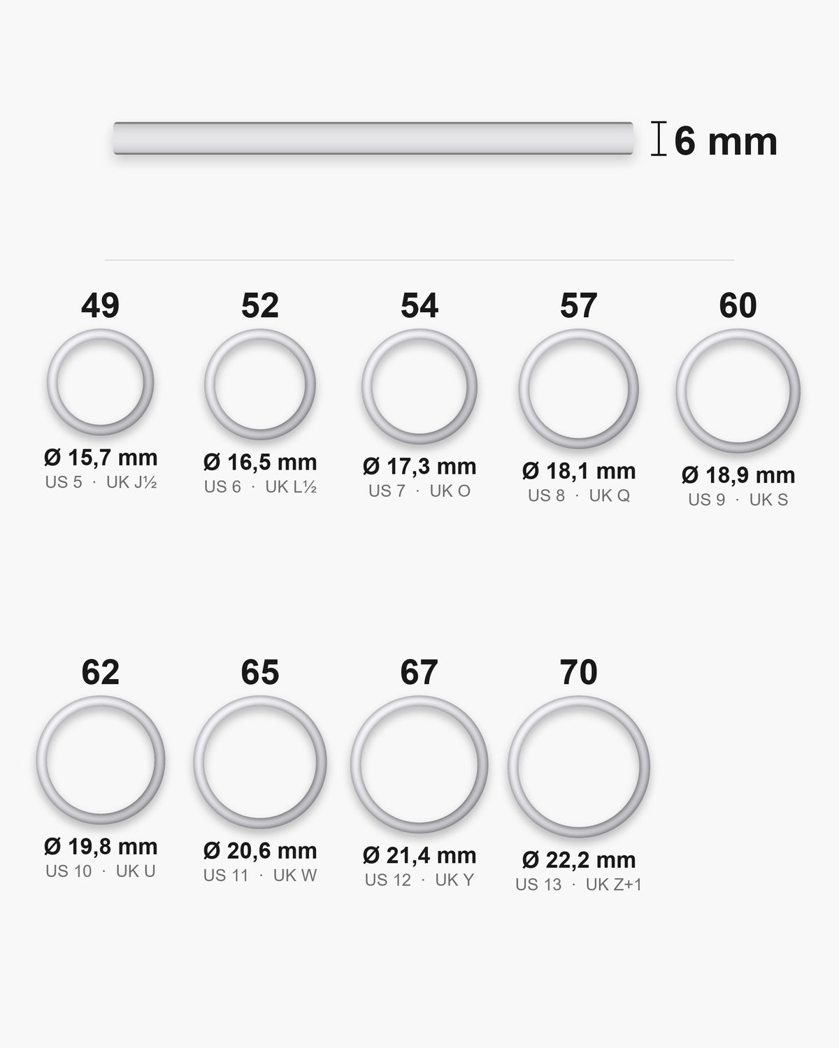Atlas ring sizes EU 49 to 70 (US 5 to 13) with inner diameters from 15.7 to 22.2 mm and the 6 mm band width [u:mm]