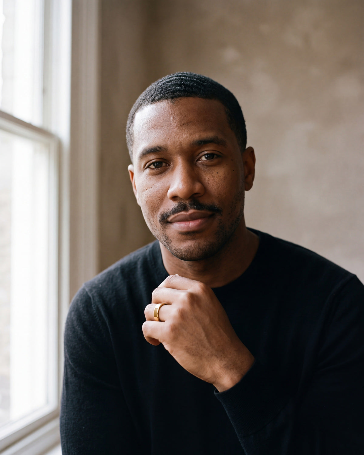 Man in a black merino sweater wearing the gold-tone Atlas 6 mm beveled band