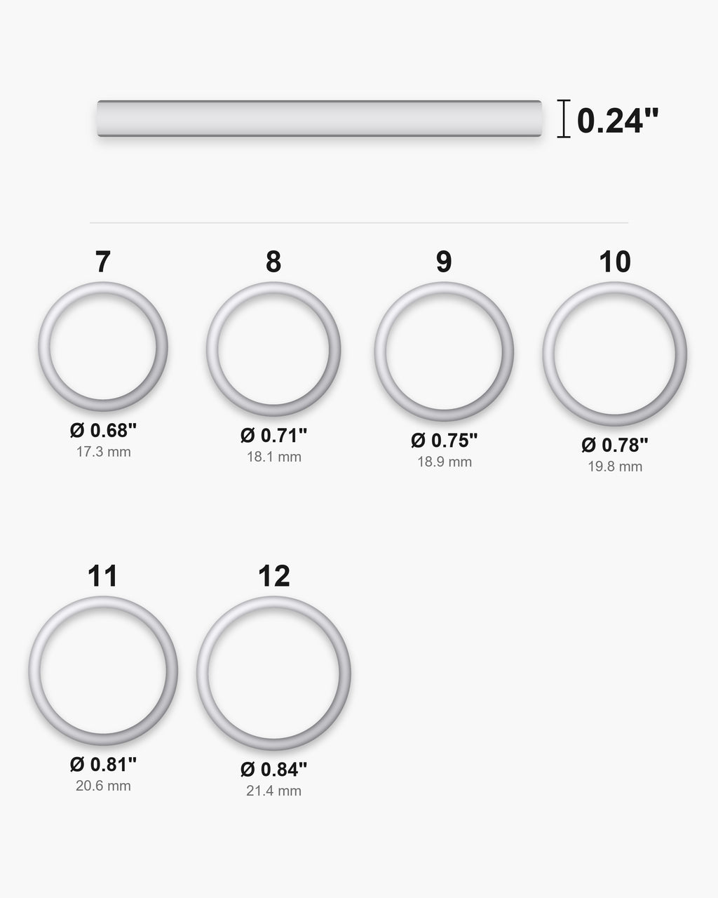 Atlas ring sizes 7 to 12 with inner diameters from 0.68 to 0.84 inch and the 0.24 inch band width [u:in]
