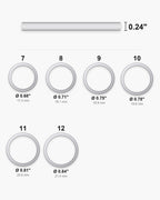 Atlas ring sizes 7 to 12 with inner diameters from 0.68 to 0.84 inch and the 0.24 inch band width [u:in]
