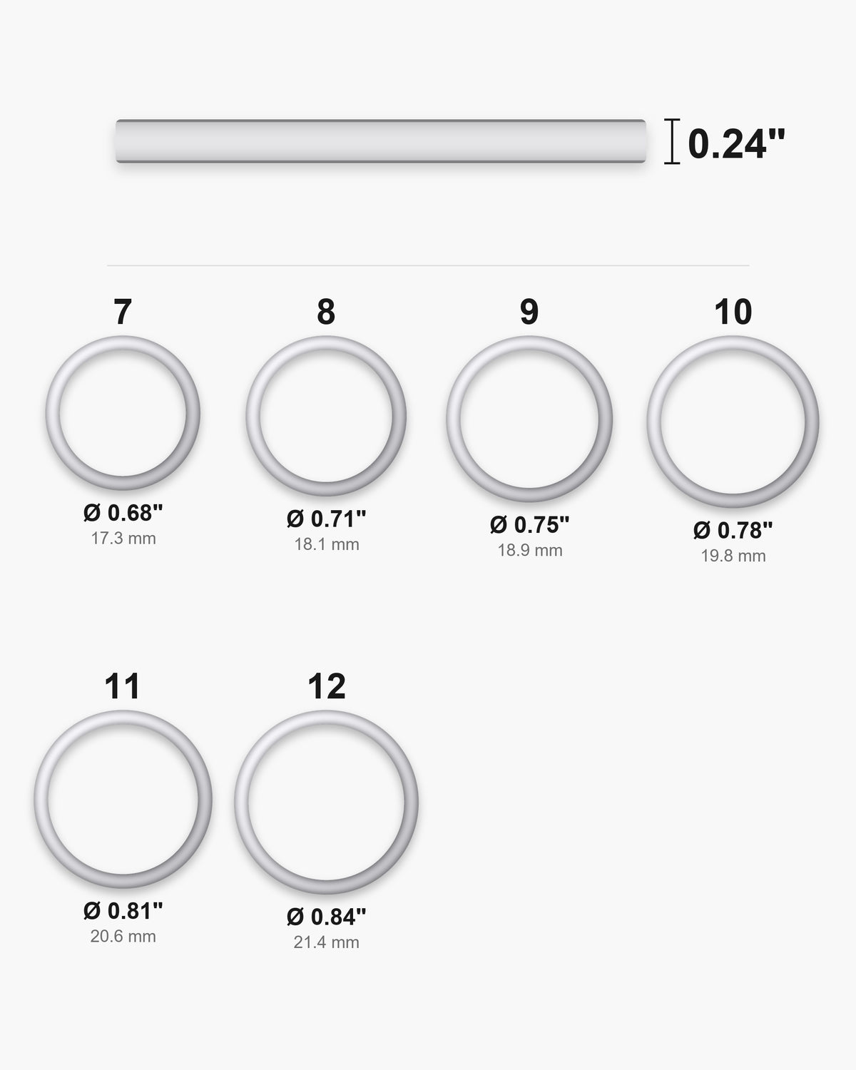 Atlas ring sizes 7 to 12 with inner diameters from 0.68 to 0.84 inch and the 0.24 inch band width [u:in]
