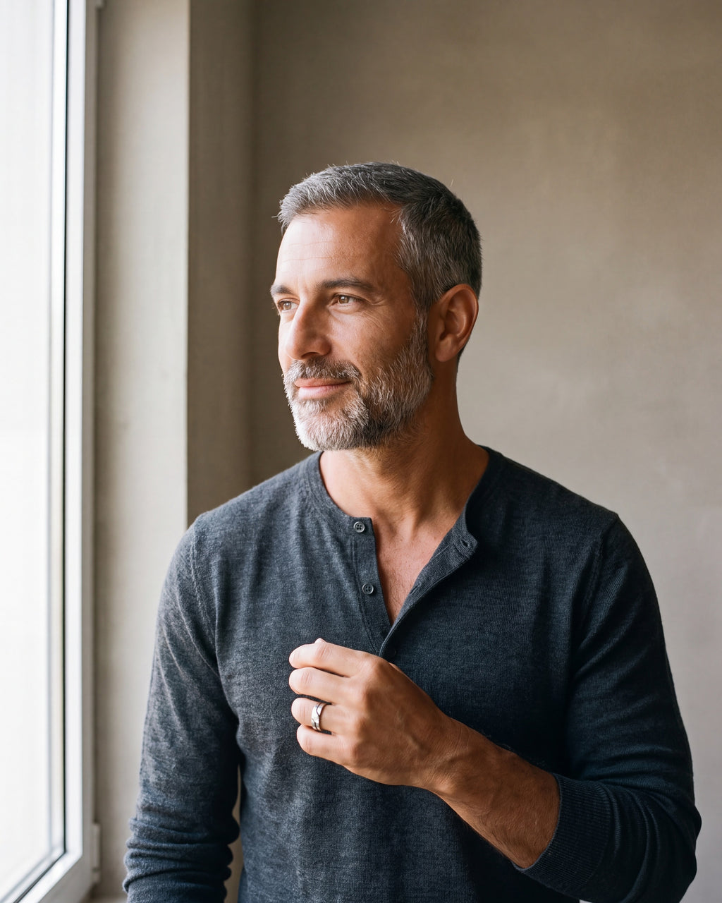 Man in a charcoal henley by a window wearing the silver-tone Atlas 6 mm geometric cut-out ring