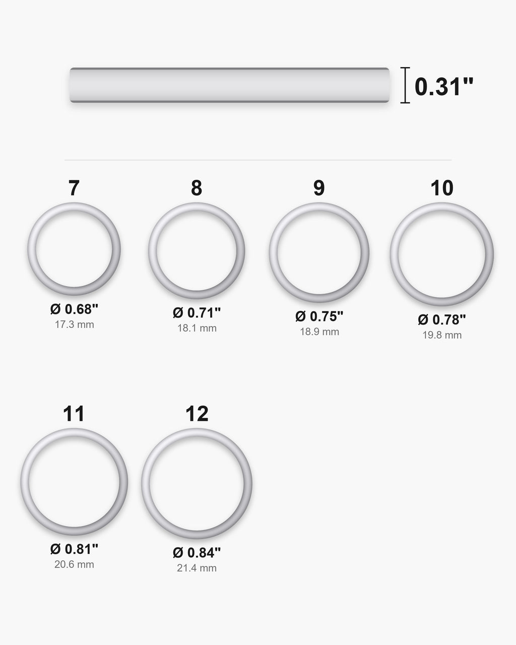 Atlas ring sizes 7 to 12 with inner diameters from 0.68 to 0.84 inch and the 0.31 inch band width [u:in]