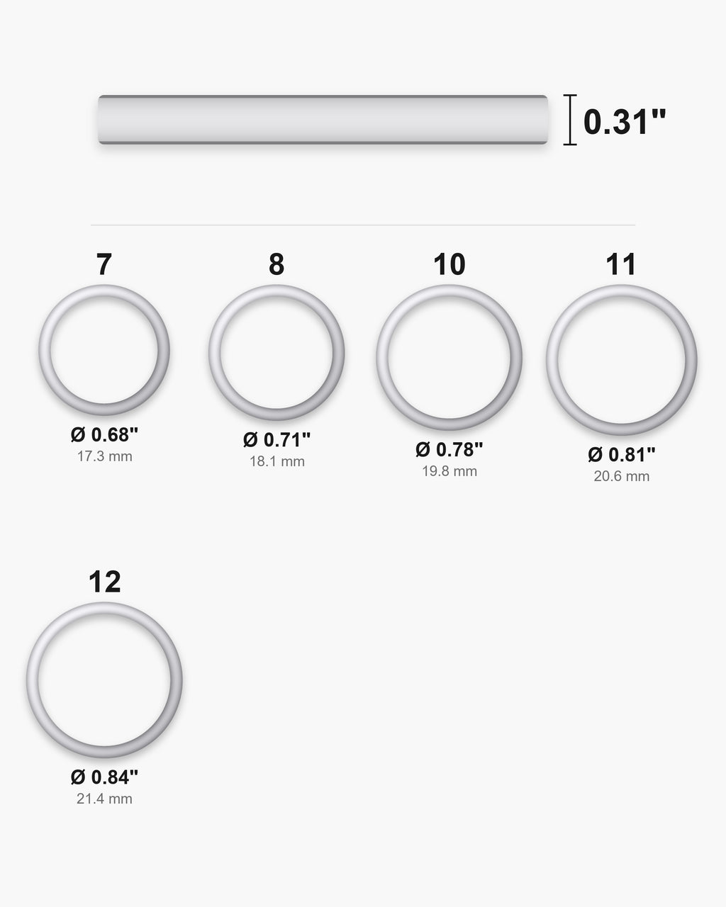 Atlas ring sizes 7 to 12 with inner diameters from 0.68 to 0.84 inch and the 0.31 inch band width [u:in]