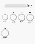 Atlas ring sizes 7 to 12 with inner diameters from 0.68 to 0.84 inch and the 0.31 inch band width [u:in]