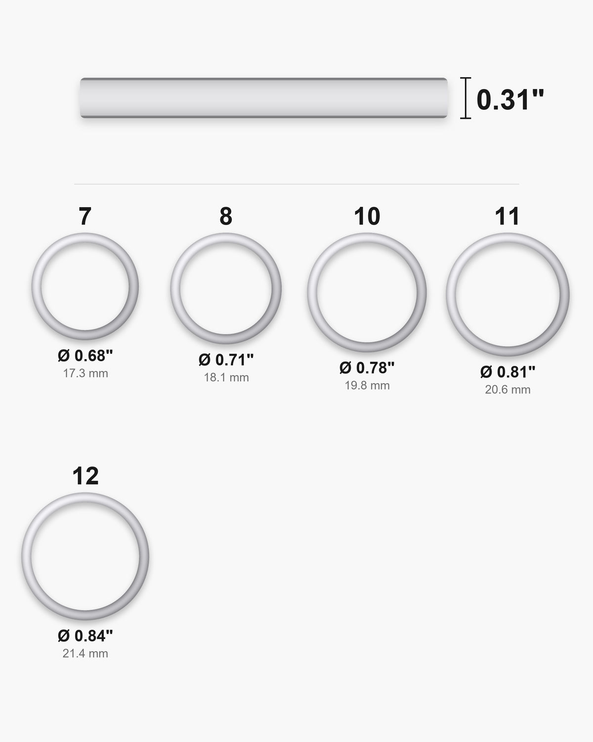 Atlas ring sizes 7 to 12 with inner diameters from 0.68 to 0.84 inch and the 0.31 inch band width [u:in]