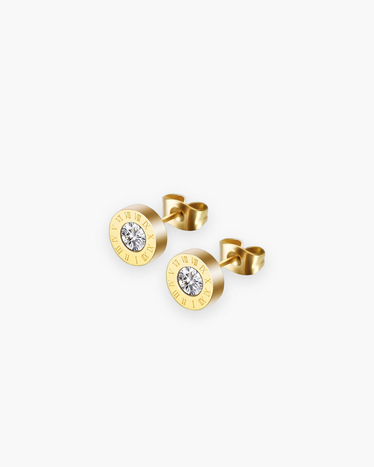 Atlas 8mm Roman numeral stud earrings in gold-tone stainless steel with cubic zirconia center, pair [c:gold]
