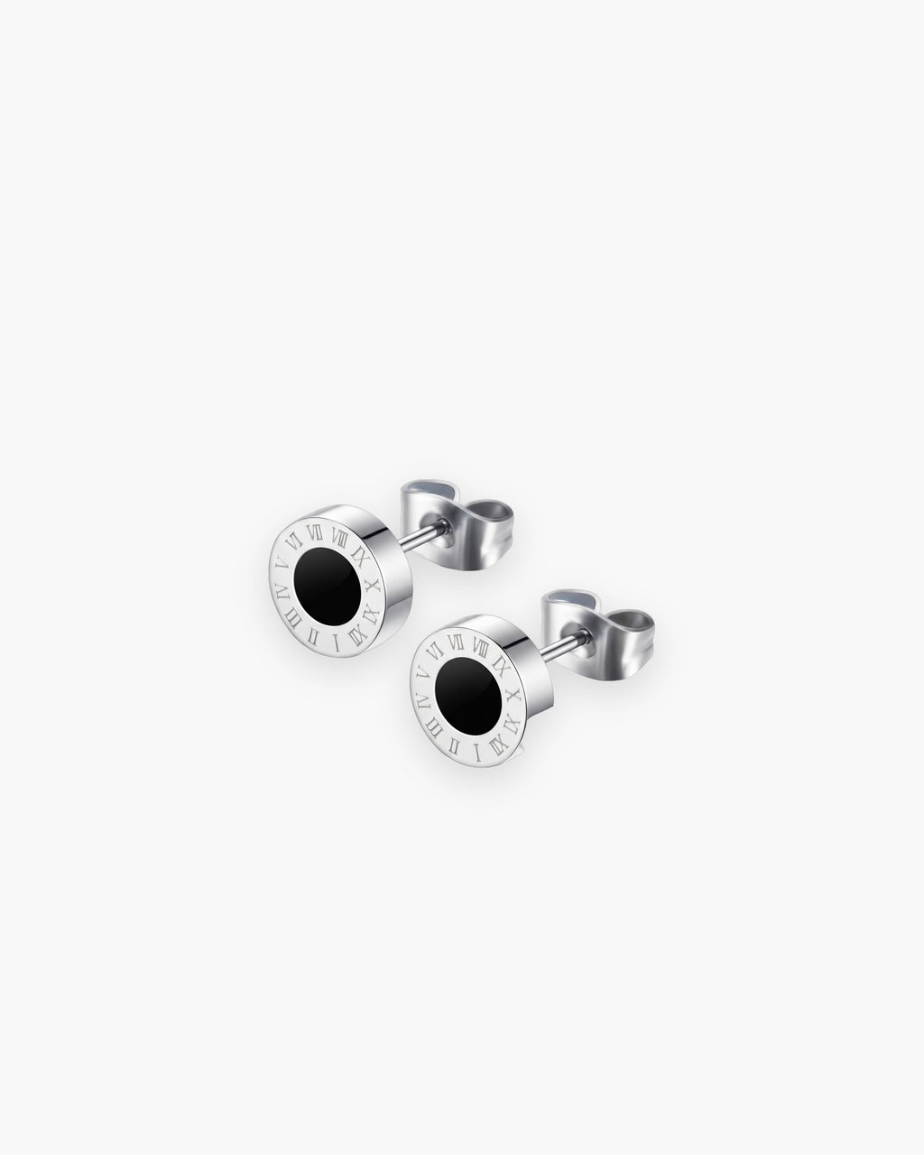 Atlas 8mm Roman numeral stud earrings in silver-tone stainless steel with black center, pair [c:silver]