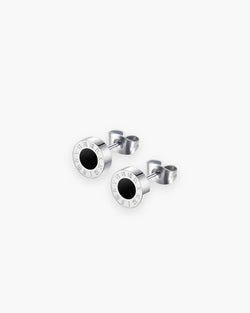 Atlas 8mm Roman numeral stud earrings in silver-tone stainless steel with black center, pair [c:silver]