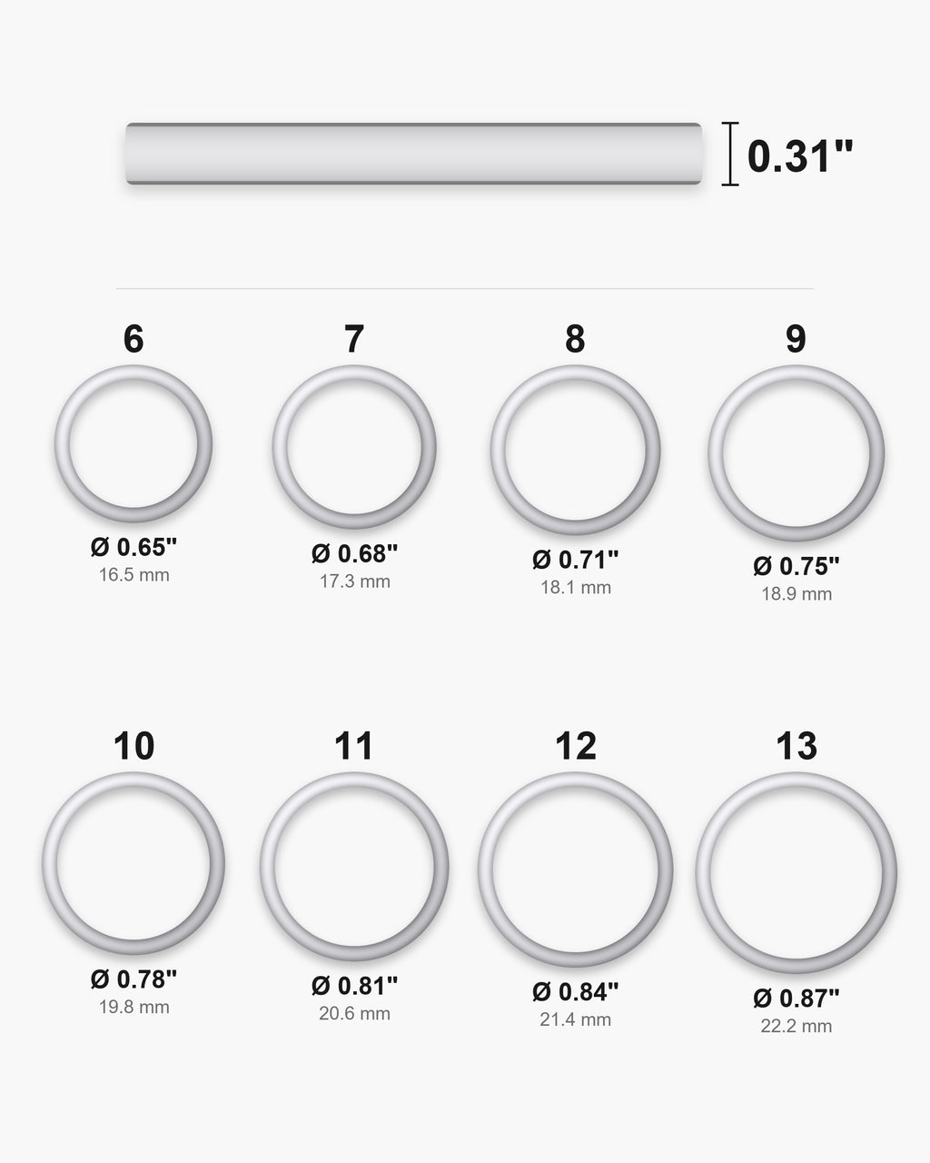 Atlas ring sizes US 6 to 13 with inner diameters and the 0.31 inch band width [u:in]