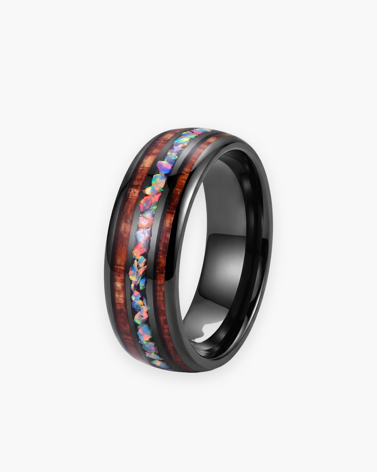 Atlas acacia wood and opal black tungsten band in black tungsten carbide [c:black]