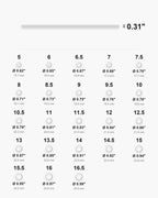 Atlas ring sizes 5 to 16.5 with inner diameters from 0.62 to 0.99 inch [u:in]