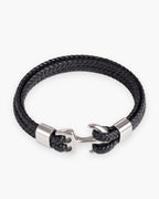 Atlas anchor bracelet in double braided black leather with a polished silver steel anchor clasp [c:silver]