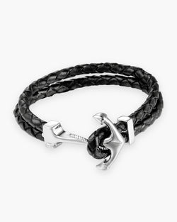 Atlas anchor hook bracelet in braided leather in black braided leather with a silver-tone steel anchor [c:black]