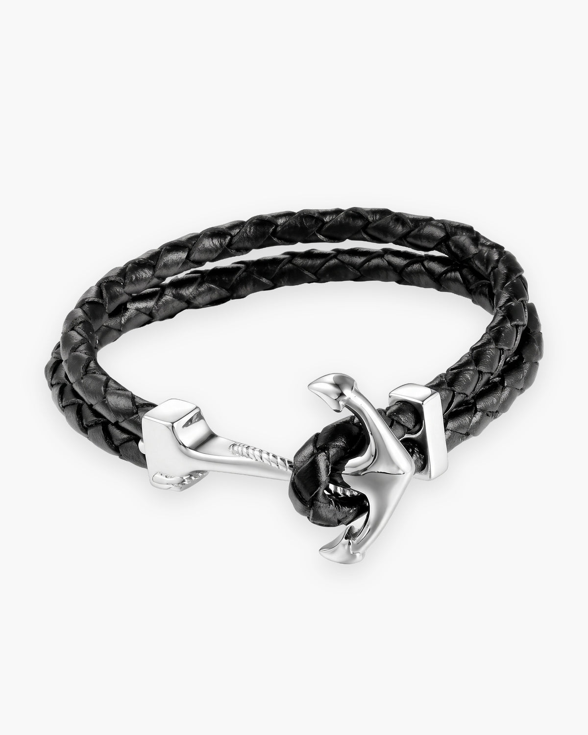 Atlas anchor hook bracelet in braided leather in black braided leather with a silver-tone steel anchor [c:black]