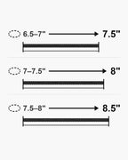 Atlas bracelet lengths 7.5, 8 and 8.5 inches with matching wrist sizes [u:in]
