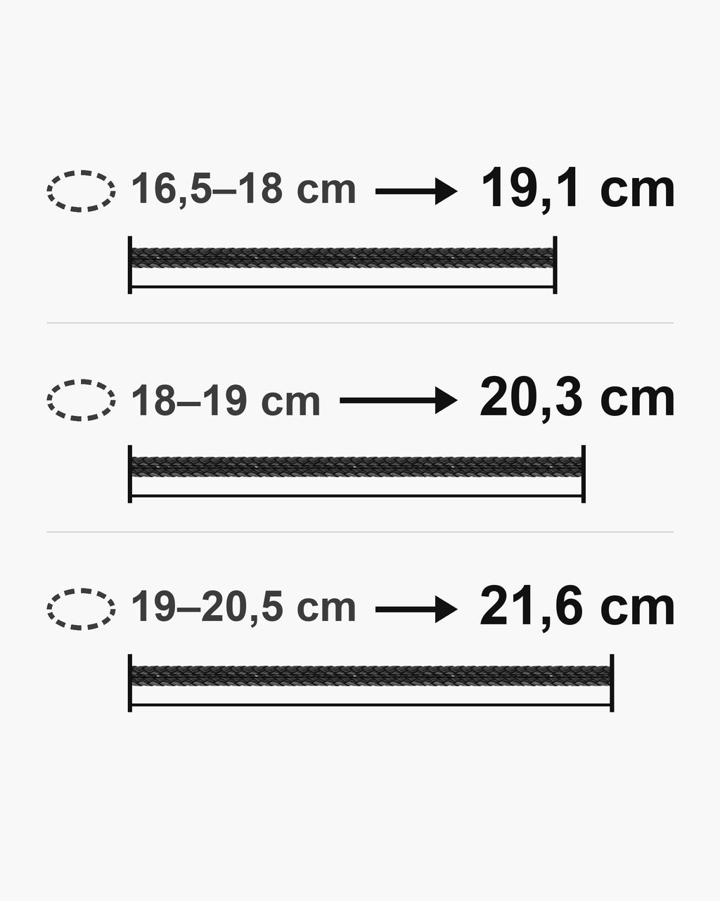 Atlas bracelet lengths 19, 20 and 21.5 cm with matching wrist sizes [u:mm]