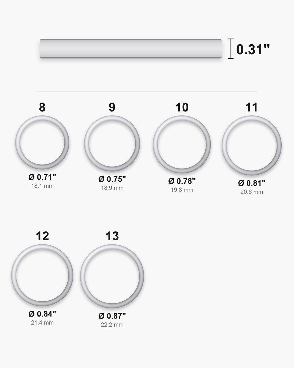 Atlas ring sizes 8 to 13 with inner diameters from 0.71 to 0.87 inch [u:in]