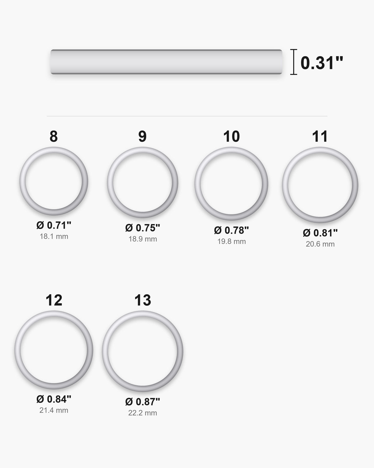 Atlas ring sizes 8 to 13 with inner diameters from 0.71 to 0.87 inch [u:in]