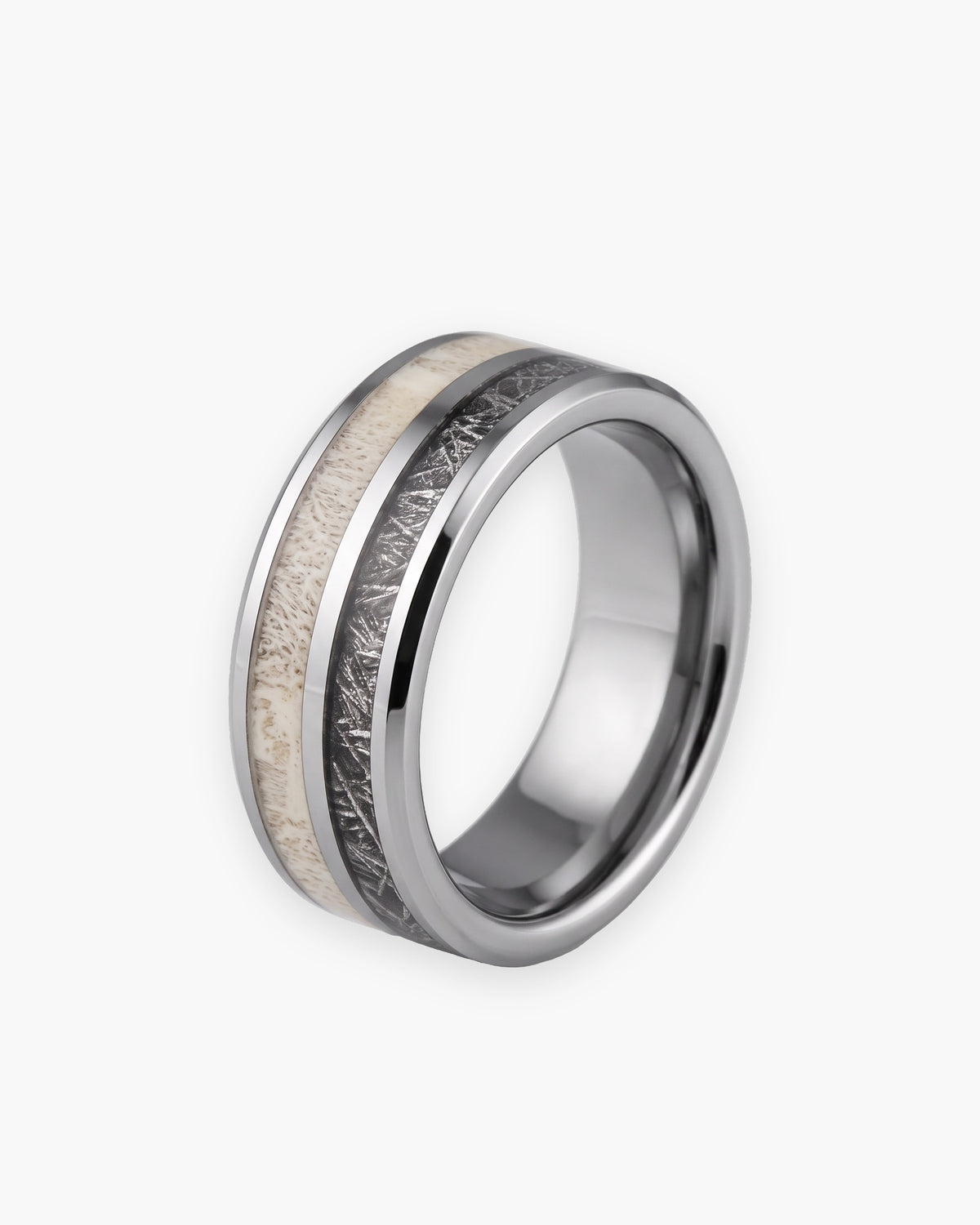 Atlas antler and meteorite-pattern inlay tungsten ring in silver-tone tungsten carbide [c:silver]