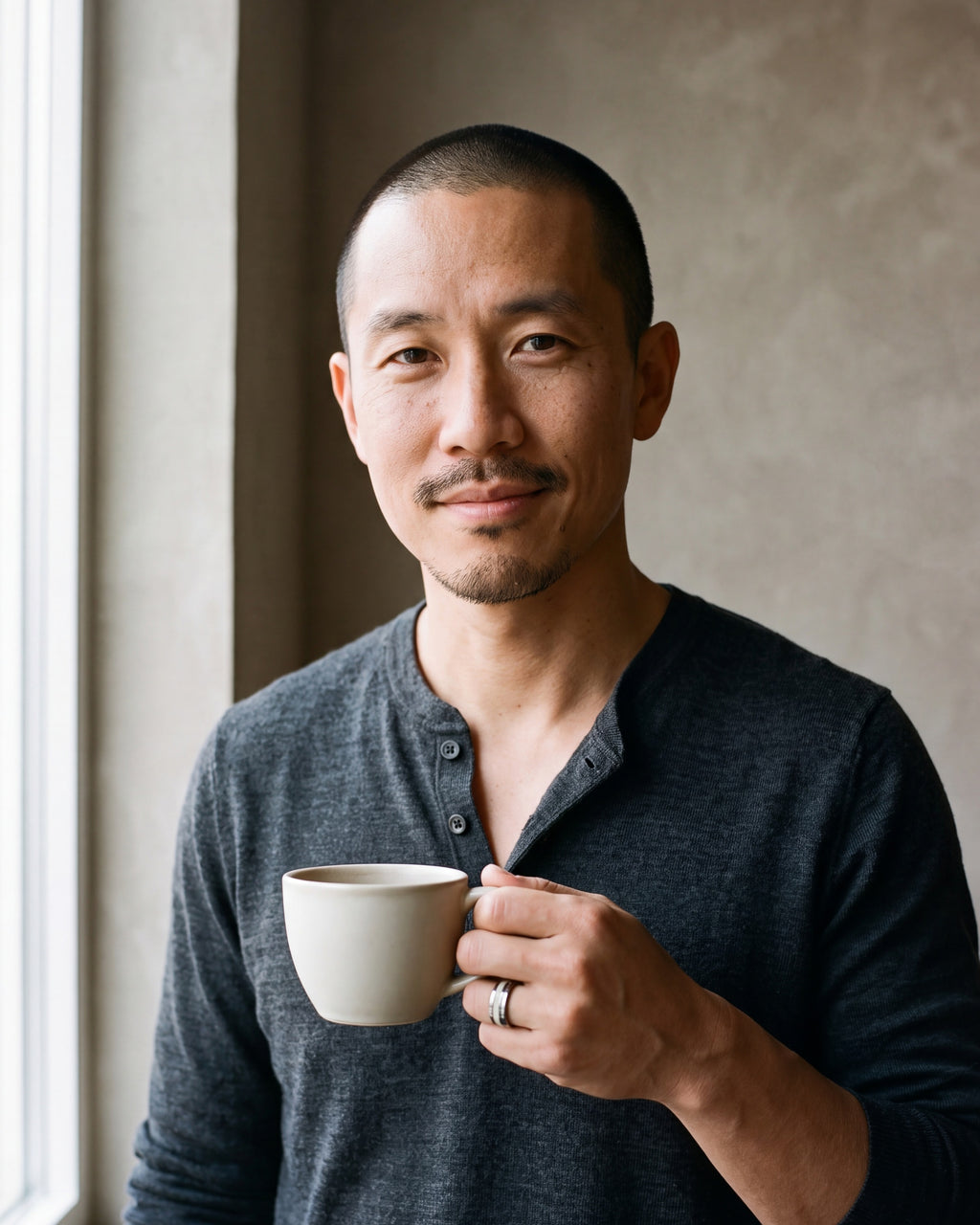 Man in a charcoal henley holding a coffee cup, wearing the Atlas antler and meteorite inlay tungsten ring