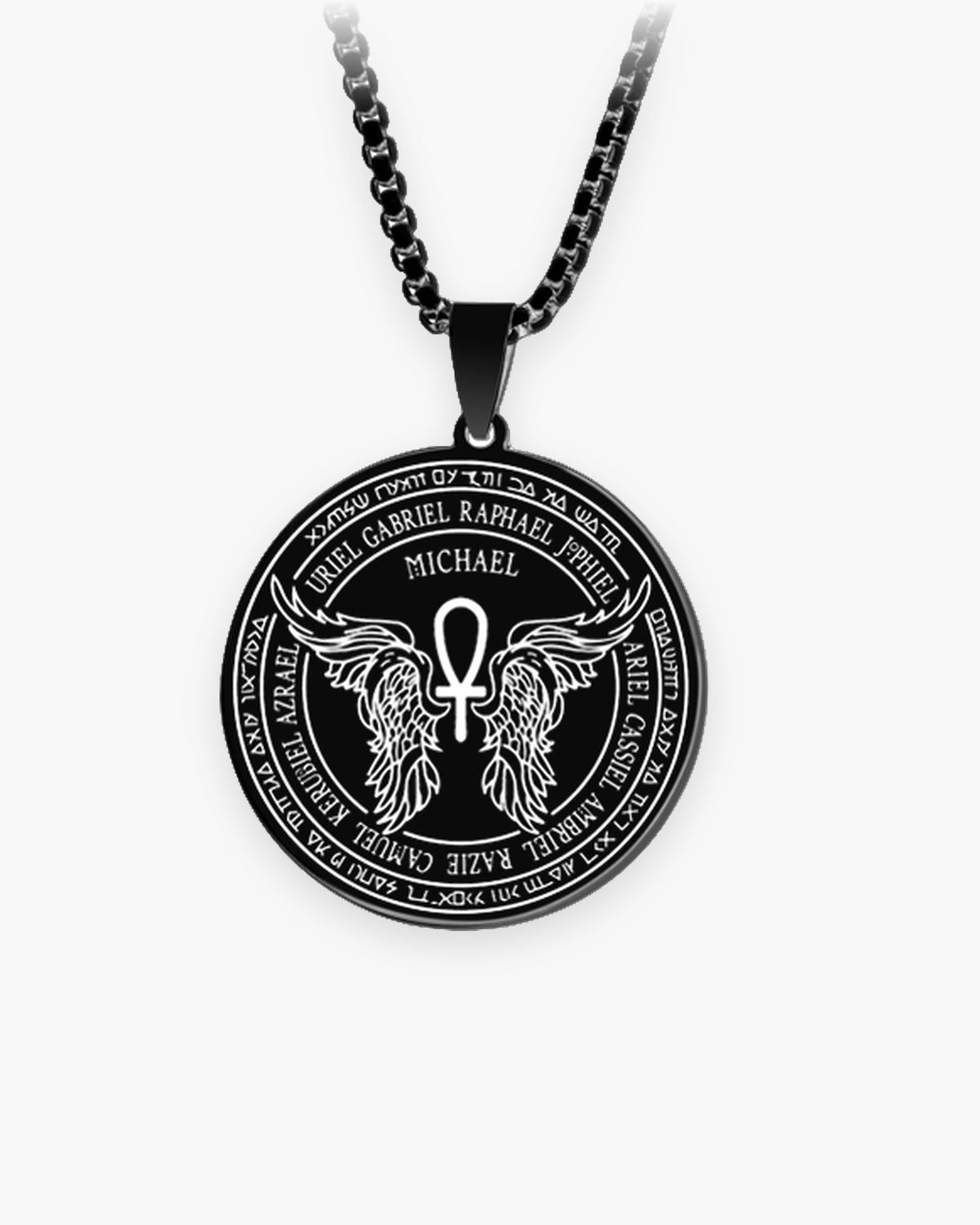 Atlas Archangel Michael ankh pendant necklace feathered wings design in black stainless steel [c:blackankhwithheartandwings]