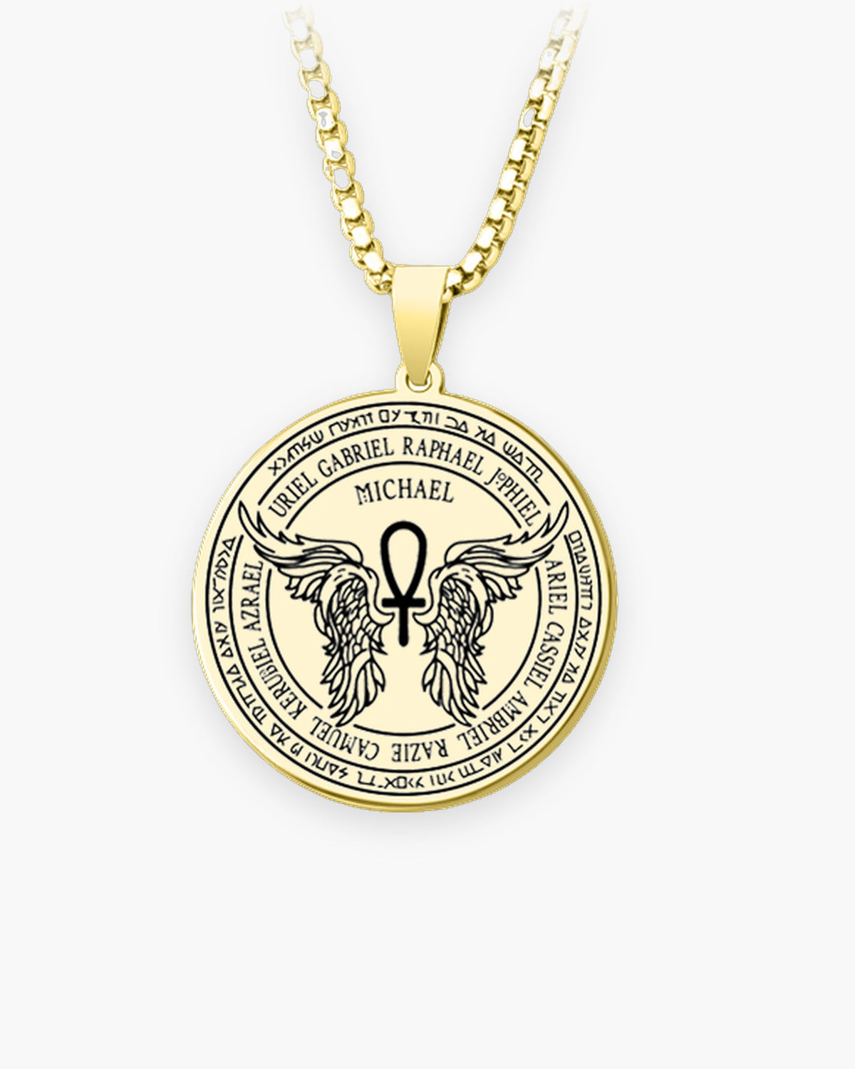 Atlas Archangel Michael ankh pendant necklace feathered wings design in gold-tone stainless steel [c:goldankhwithheartandwings]
