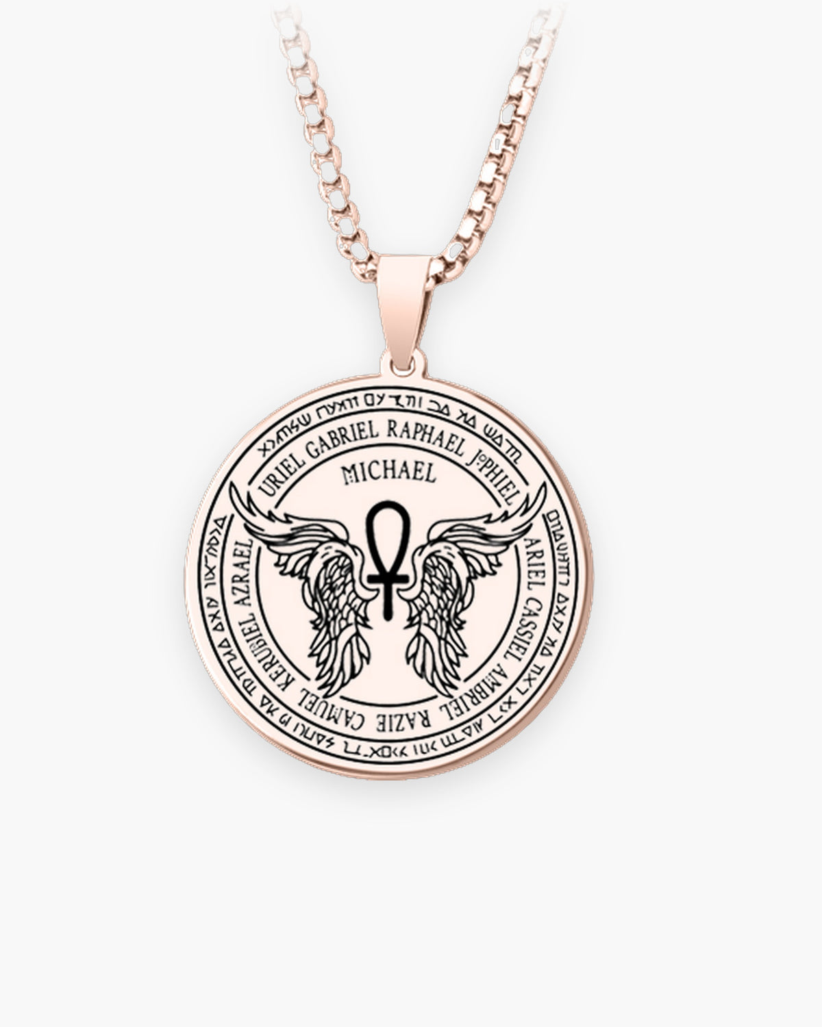 Atlas Archangel Michael ankh pendant necklace feathered wings design in rose gold-tone stainless steel [c:rosegoldankhwithheartandwings]